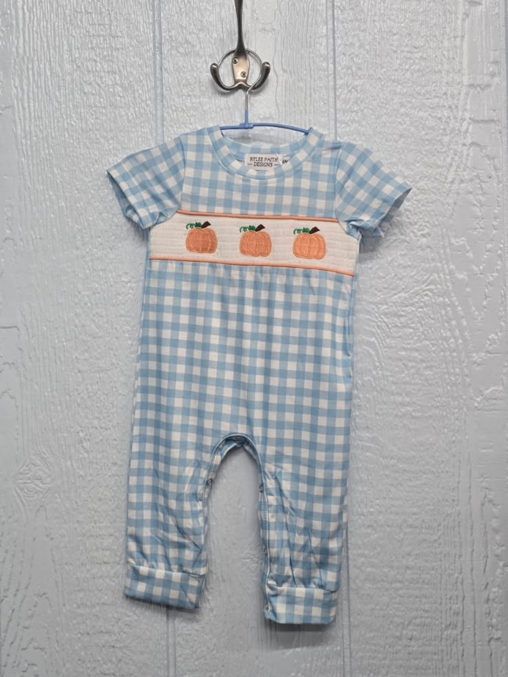 New 6 Months Blue Gingham Pumpkin Smocked One-Piece
